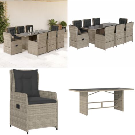 Set Pranzo da Giardino 9pz con Cuscini Grigio Chiaro Polyrattan - Sedie da giardino - Tavolo da giardino