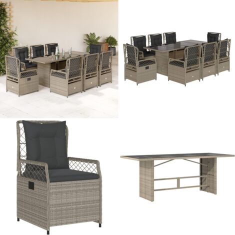 Set Pranzo da Giardino 9pz con Cuscini Grigio Chiaro Polyrattan - Sedie da giardino - Tavolo da giardino