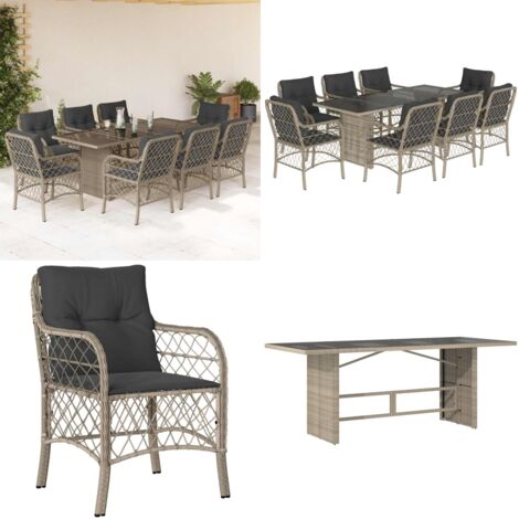 Set Pranzo da Giardino 9pz con Cuscini Grigio Chiaro Polyrattan - Tavolo da giardino - Sedie da giardino