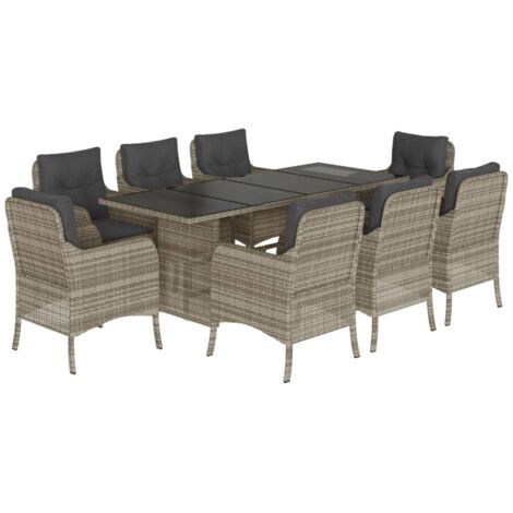 Set Pranzo da Giardino 9pz con Cuscini Grigio Chiaro Polyrattan vidaXL