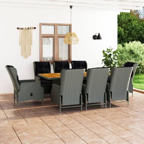 Set relax con divano 3 posti 2 poltrone e tavolino in polyrattan grigio con  cuscini - Horizon