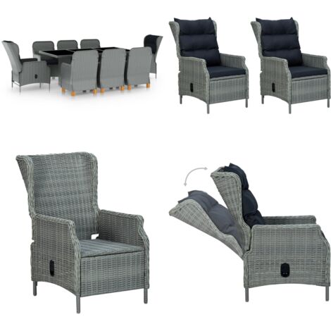 Set Pranzo da Giardino 9pz con Cuscini Polyrattan Grigio Chiaro - Sedie da giardino - Tavolo da pranzo da esterno