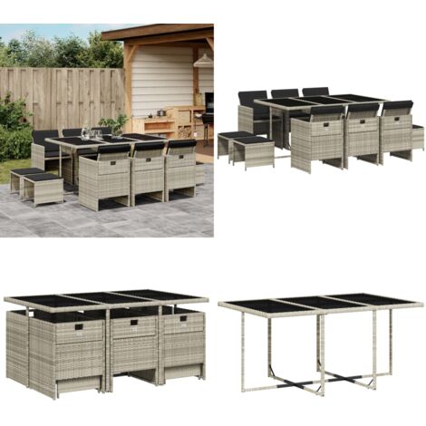 Set Pranzo Giardino 11pz con Cuscini Grigio Chiaro Polyrattan - Sedie da giardino - Sgabelli da giardino