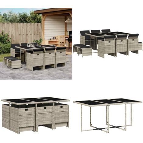 Set Pranzo Giardino 11pz con Cuscini Grigio Chiaro Polyrattan - Sedie da giardino - Sgabelli da giardino