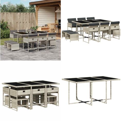 Set Pranzo Giardino 11pz con Cuscini Grigio Chiaro Polyrattan - Sedie da giardino - Sgabelli da giardino
