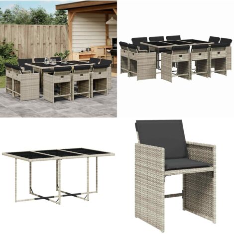 Set Pranzo Giardino 11pz con Cuscini Grigio Chiaro Polyrattan - Sedie da giardino - Tavolo da giardino