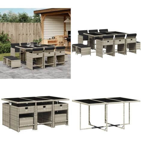 Set Pranzo Giardino 11pz con Cuscini Grigio Chiaro Polyrattan - Sedie da giardino - Tavolo da giardino