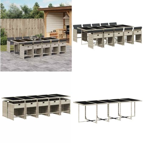 Set Pranzo Giardino 11pz con Cuscini Grigio Chiaro Polyrattan - Sedie da giardino - Tavolo da giardino