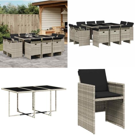 Set Pranzo Giardino 11pz con Cuscini Grigio Chiaro Polyrattan - Sedie da giardino - Tavolo da giardino