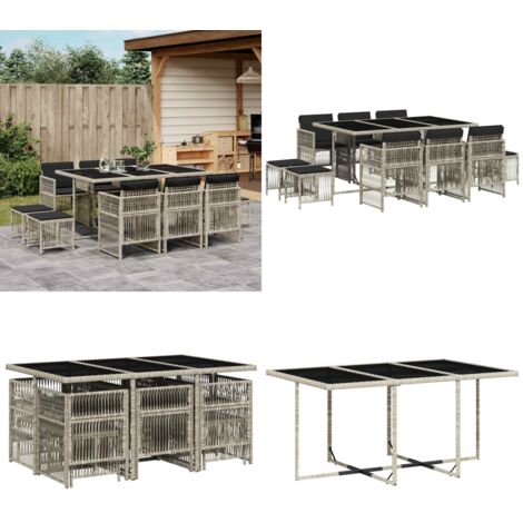 Set Pranzo Giardino 11pz con Cuscini Grigio Chiaro Polyrattan - Sedie da giardino - Tavolo da giardino