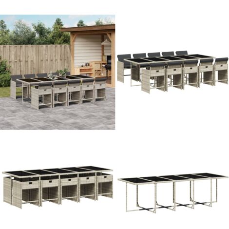 Set Pranzo Giardino 11pz con Cuscini Grigio Chiaro Polyrattan - Sedie da giardino - Tavolo da giardino