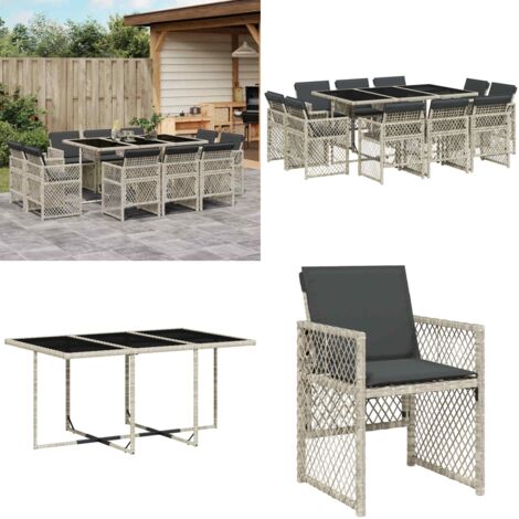 Set Pranzo Giardino 11pz con Cuscini Grigio Chiaro Polyrattan - Sedie da giardino - Tavolo da giardino