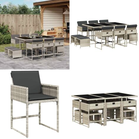 Set Pranzo Giardino 11pz con Cuscini Grigio Chiaro Polyrattan - Sedie da giardino - Tavolo da giardino