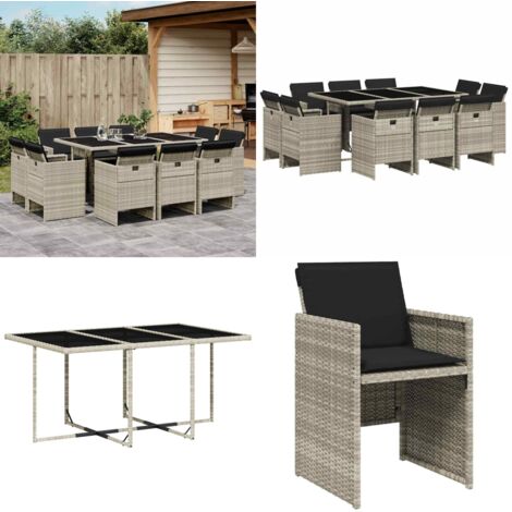 Set Pranzo Giardino 11pz con Cuscini Grigio Chiaro Polyrattan - Sedie da giardino - Tavolo da giardino