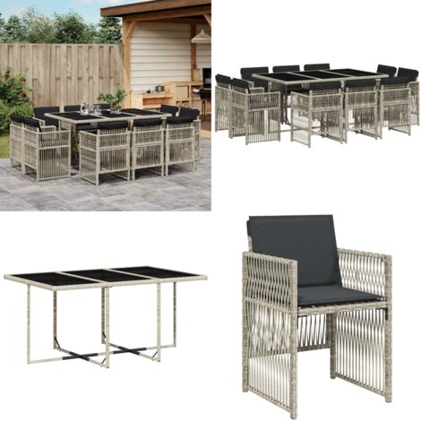 Set Pranzo Giardino 11pz con Cuscini Grigio Chiaro Polyrattan - Sedie da giardino - Tavolo da giardino