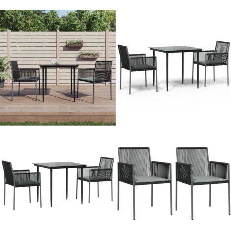 Set Pranzo Giardino 3 pz con Cuscini Polyrattan e Acciaio Nero - Tavolo da pranzo da esterno - Sedie da pranzo da giardino