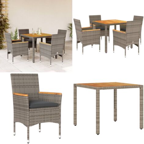 Set Pranzo Giardino 5 pz con Cuscini Grigio Polyrattan Acacia - Tavolo da giardino - Sedie da giardino