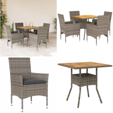 Set Pranzo Giardino 5 pz con Cuscini Grigio Polyrattan Acacia - Tavolo da giardino - Sedie da giardino