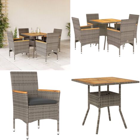 Set Pranzo Giardino 5 pz con Cuscini Grigio Polyrattan Acacia - Tavolo da giardino - Sedie da giardino