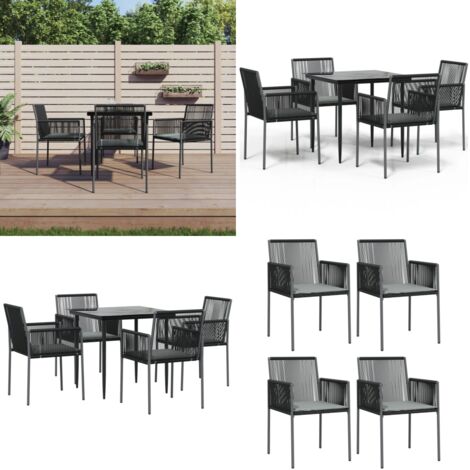Set Pranzo Giardino 5 pz con Cuscini Polyrattan e Acciaio Nero - Tavolo da pranzo da esterno - Sedie da pranzo da giardino