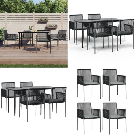 Set Pranzo Giardino 5 pz con Cuscini Polyrattan e Acciaio Nero - Tavolo da pranzo da esterno - Sedie da pranzo da giardino