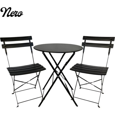 Set pranzo Giotto nero tavolino e due sedie pieghevoli con struttura in acciaio da giardino esterno