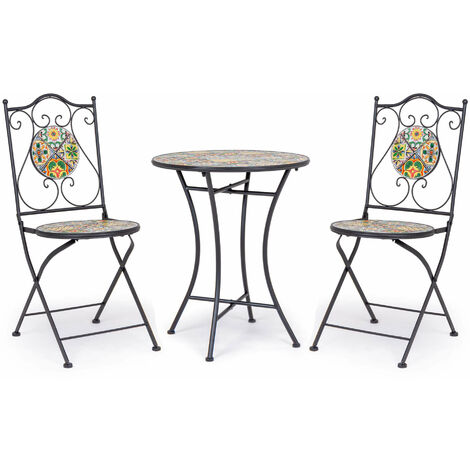 Set Pranzo Naxos Tavolo Ø60cm + 2 Sedie Pieghevoli con Decoro Ceramica