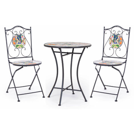 Set Pranzo Tavolo Ø60cm + 2 Sedie Pieghevoli Ferro Decoro Mosaico Paloma