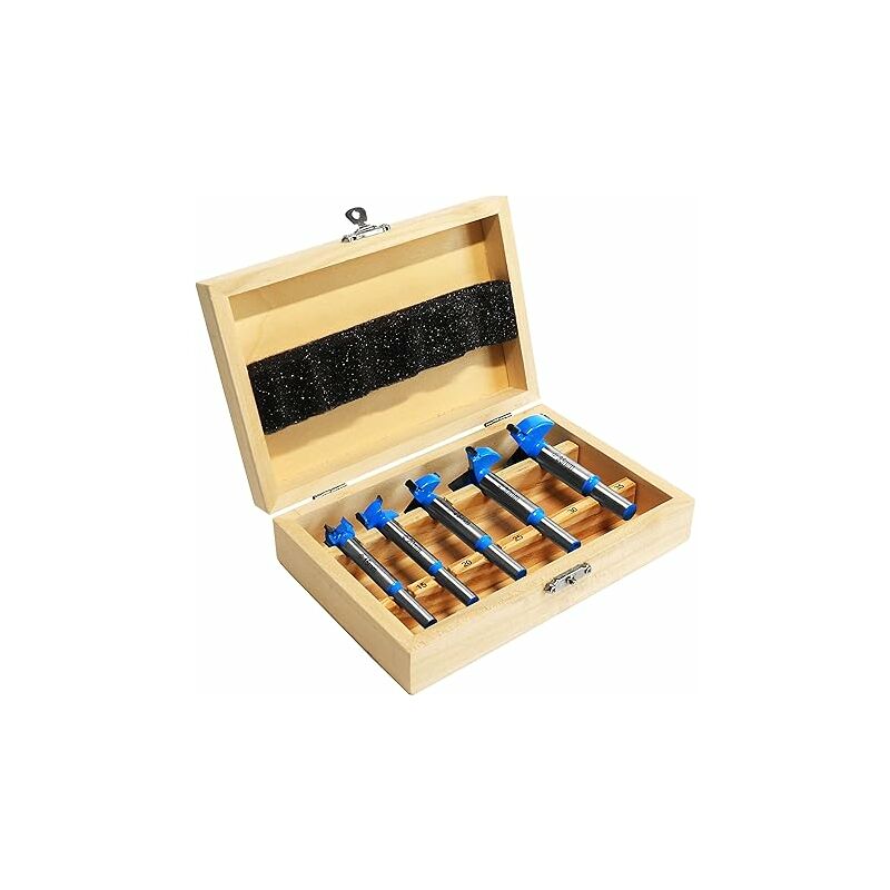 Image of Fortuneville - Set punte da trapano per legno, 5 pezzi: 15, 20, 25, 30, 35 mm in cassetta di legno, acciaio per utensili forgiato, gambo tondo, frese