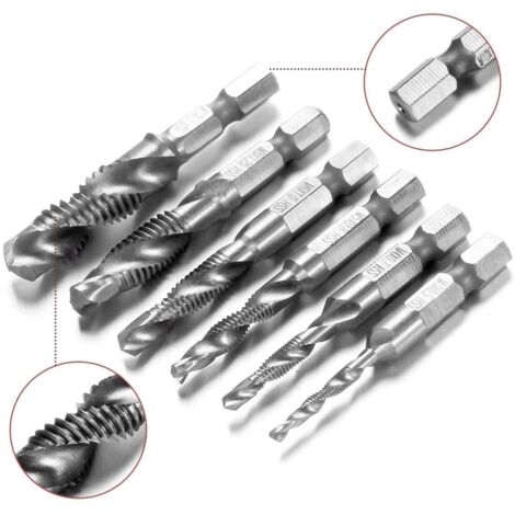 SET PUNTE TRAPANO 6PZ FILETTANTI HSS M3 M4 M5 M6 M8 M10 CODOLO ESAGONALE 1/4&quot