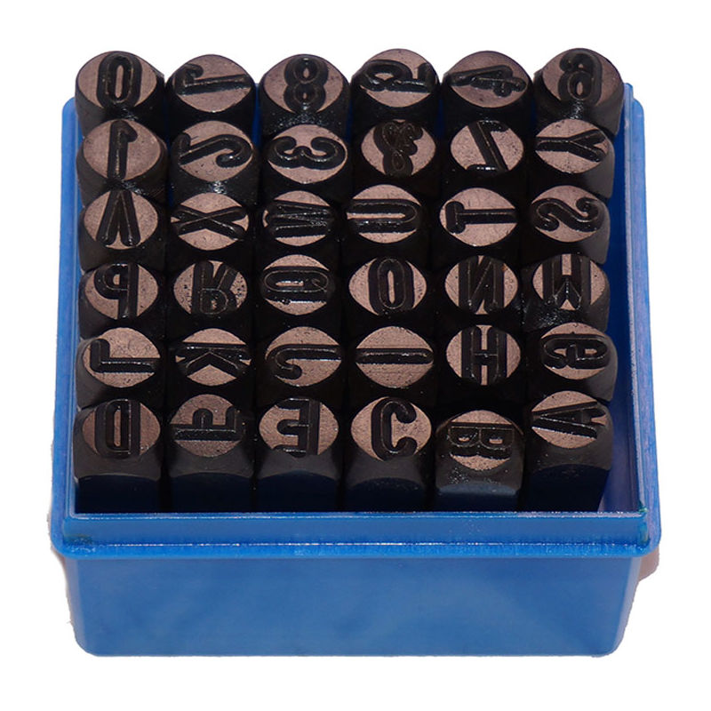 Image of Set punzoni in acciaio brunito lettere e numeri da 10mm 36 pezzi alfanumerici