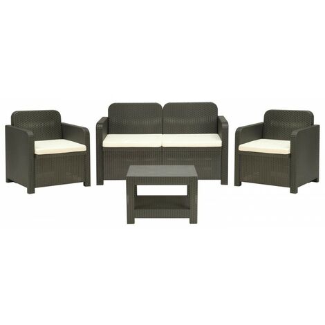 Set rattan giardino divano 2 posti e 2 poltrone con tavolino colore antracite