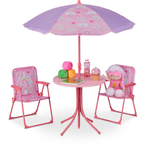 Set Relaxdays per bambini da giardino, motivo unicorno, con ombrellone, tavolino e sedie pieghevoli, rosa