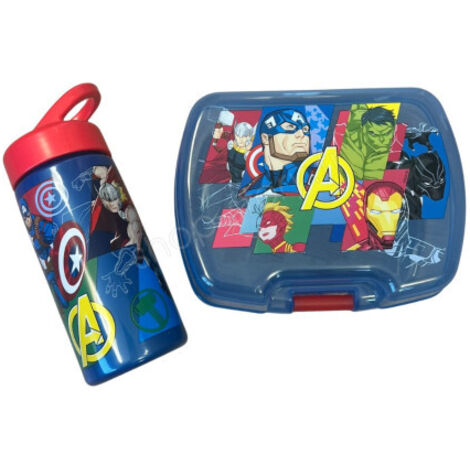 Set Repas Enfant Avengers avec Boîte à Gouter et Gourde 420ml Plastique Bleu pour Ecole et Sorties