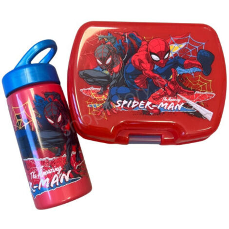 Set Repas Enfant Spiderman avec Boîte à Gouter et Gourde 420ml Plastique Rouge pour Ecole et Sorties