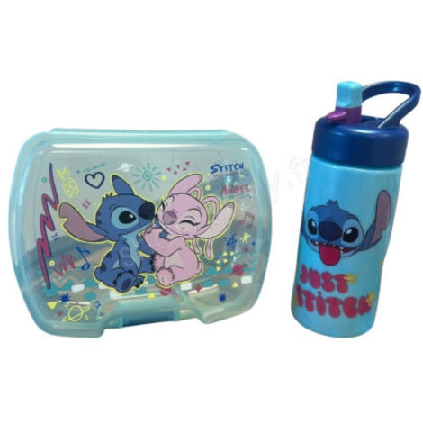 Set Repas Enfant Stitch avec Boîte à Gouter et Gourde 420ml Plastique Bleu pour Ecole et Sorties