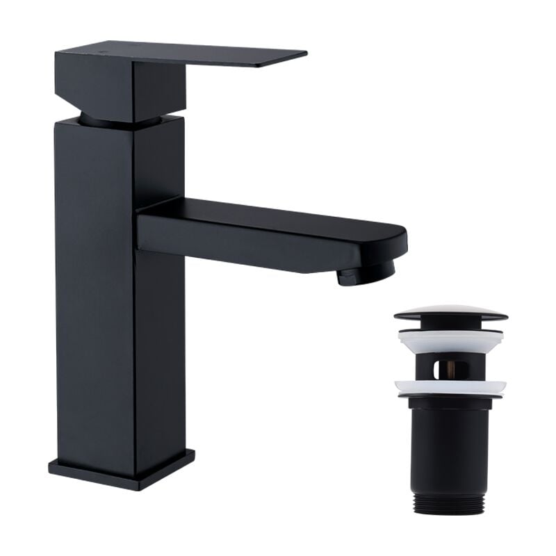 Set Robinet Salle de Bain Noir et Bonde Pop-up avec Trop-plein Automatique Universel