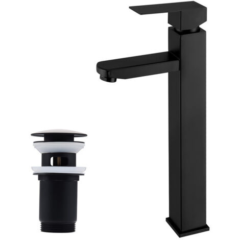 Set Robinet Salle de Bain Noir + Bonde de Lavabo Bonde Pop-up avec Trop-plein Automatique Mitigeur Lavabo Haut avec Bonde  Universelle