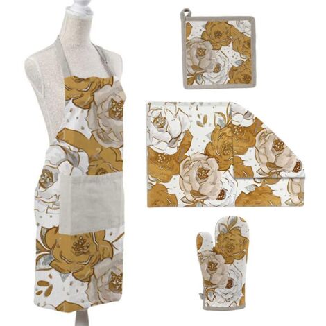 SET ROSE DA CUCINA IN TESSUTO CON STROFINACCIO. PRESINA. GUANTO E GREMBIULE