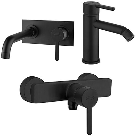 Set Rubinetti Jacuzzi per lavabo a parete con piastra e bidet senza scarico e doccia esterno serie Sunset YO nero opaco