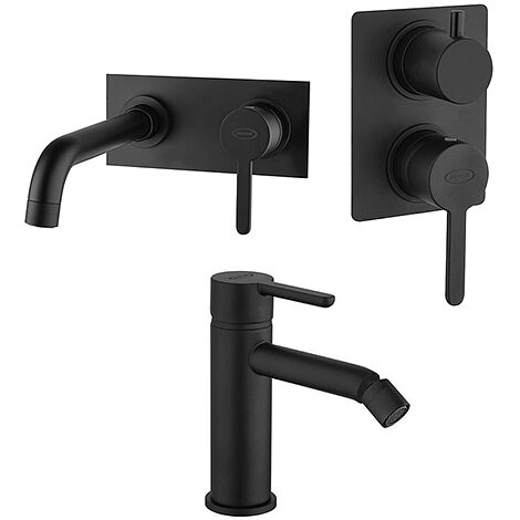 Set Rubinetti Jacuzzi per lavabo a parete con piastra e bidet senza scarico e doccia incasso con deviatore serie Sunset YO nero opaco