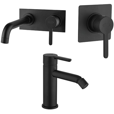 Set Rubinetti Jacuzzi per lavabo a parete con piastra e bidet senza scarico e doccia incasso serie Sunset YO nero opaco
