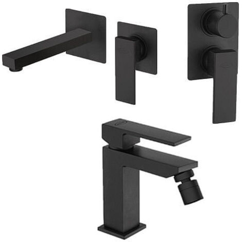 Set Rubinetti Jacuzzi per lavabo a parete e bidet senza scarico e doccia incasso con deviatore serie Twinkle YO nero opaco