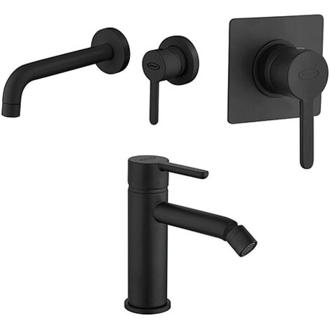 Set Rubinetti Jacuzzi per lavabo a parete e bidet senza scarico e doccia incasso serie Sunset YO nero opaco