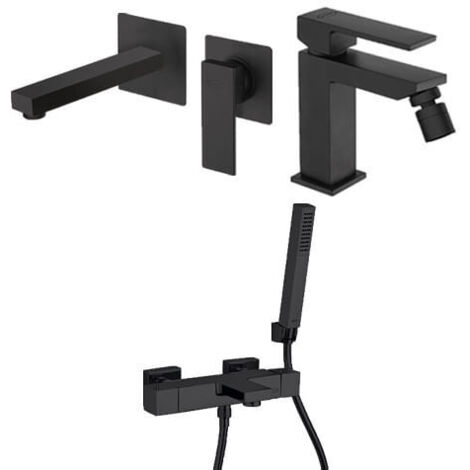Set Rubinetti Jacuzzi per lavabo a parete e bidet senza scarico e vasca serie Twinkle YO nero opaco