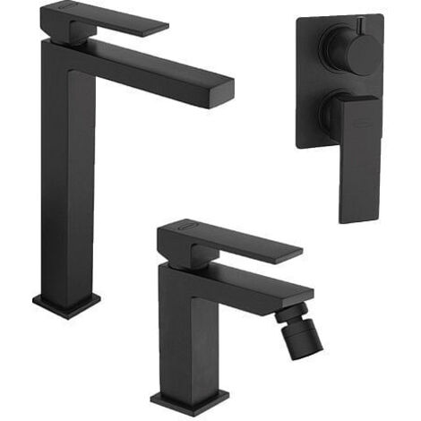 Set Rubinetti Jacuzzi per lavabo alto e bidet senza scarico e doccia incasso con deviatore serie Twinkle YO nero opaco
