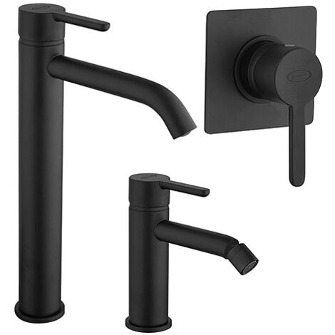 Set Rubinetti Jacuzzi per lavabo alto e bidet senza scarico e doccia incasso serie Sunset YO nero opaco