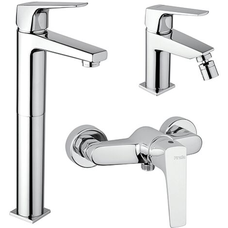 Set Rubinetti Piralla per lavabo alto e bidet con scarico automatico e doccia esterno serie Iceberg cromato