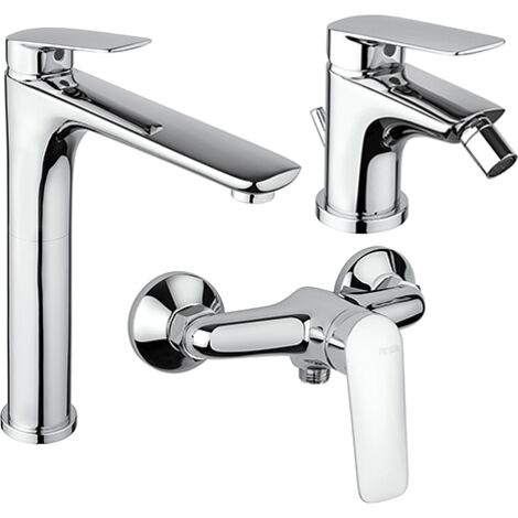 Set Rubinetti Piralla per lavabo alto e bidet con scarico automatico e doccia esterno serie Lago cromato