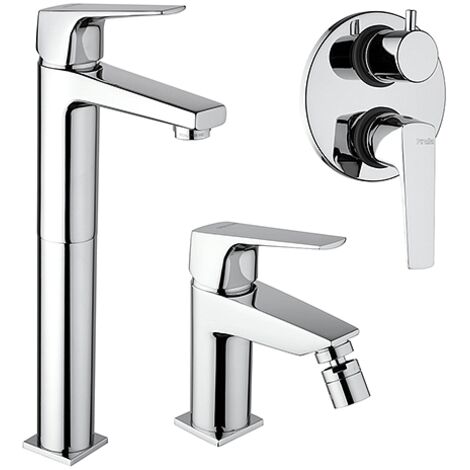 Set Rubinetti Piralla per lavabo alto e bidet con scarico automatico e doccia incasso con deviatore serie Iceberg cromato